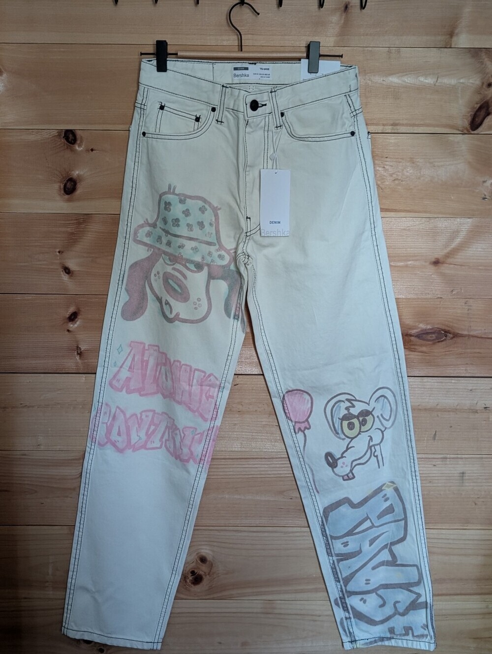 Bershka Cream/White Jeans with Pink & Muted Green Print *28 *NWT